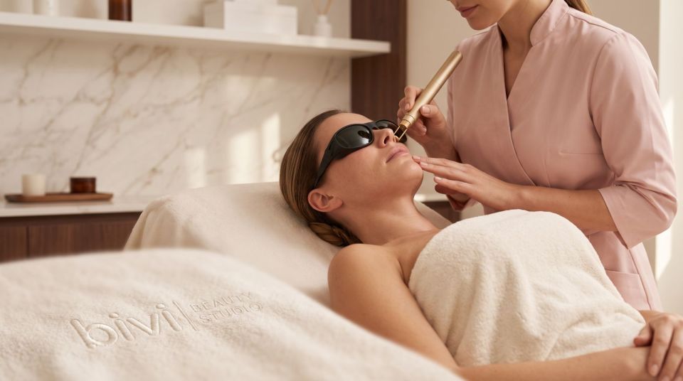 Laser removal of facial spider veins with protective goggles