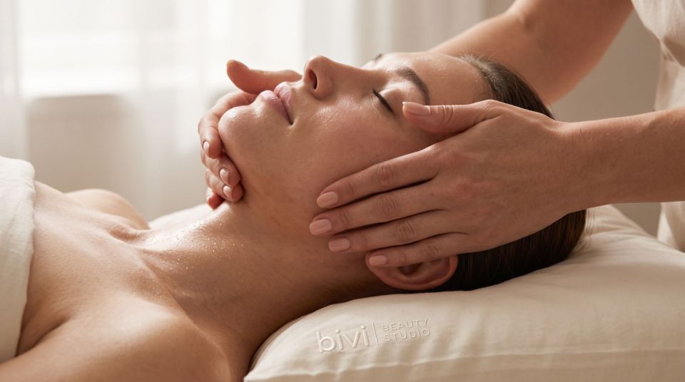 Manual face lifting – a beautician massaging a client’s face